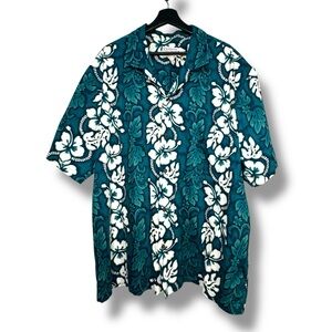 🌺 Vtg Hawaiian Shirt 3XL KY’s International Fashion Made in Hawaii Teal Hibiscus